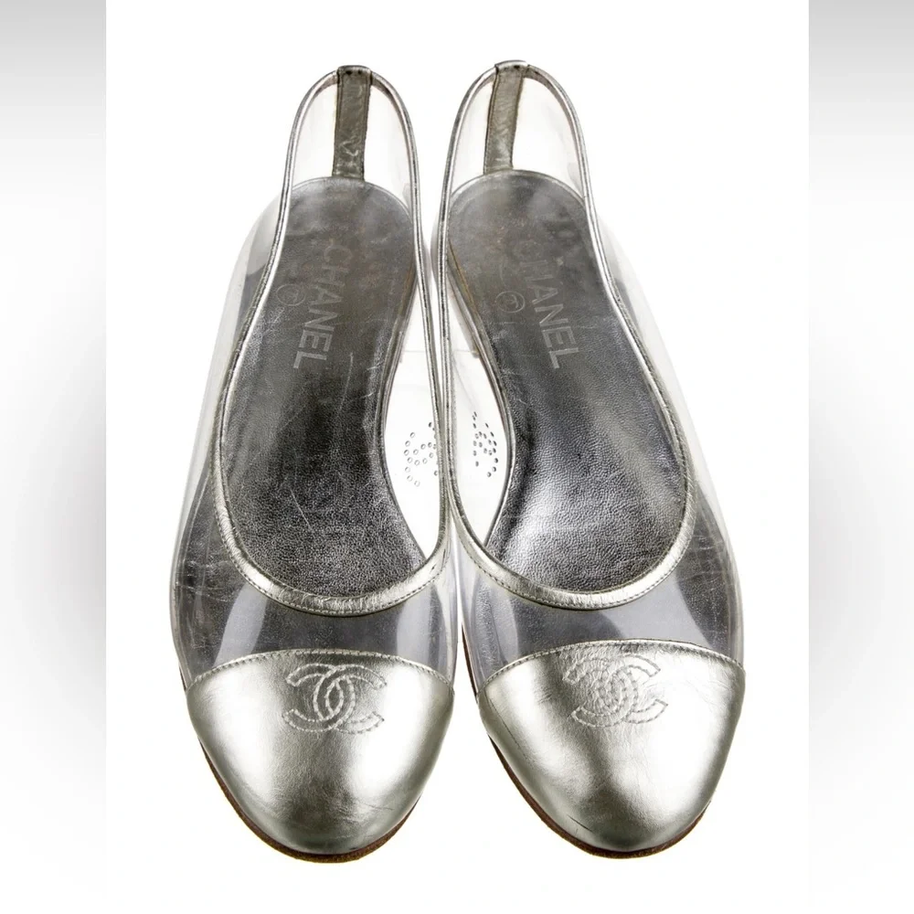 CHANEL Silver Leather Slingback Flats